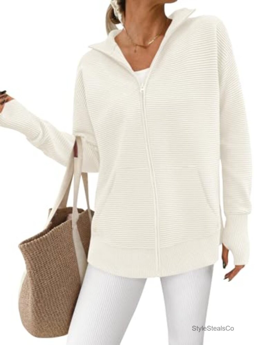 PRETTYGARDEN Zip Up Ribbed Cardigan Sweater with Thumb Holes